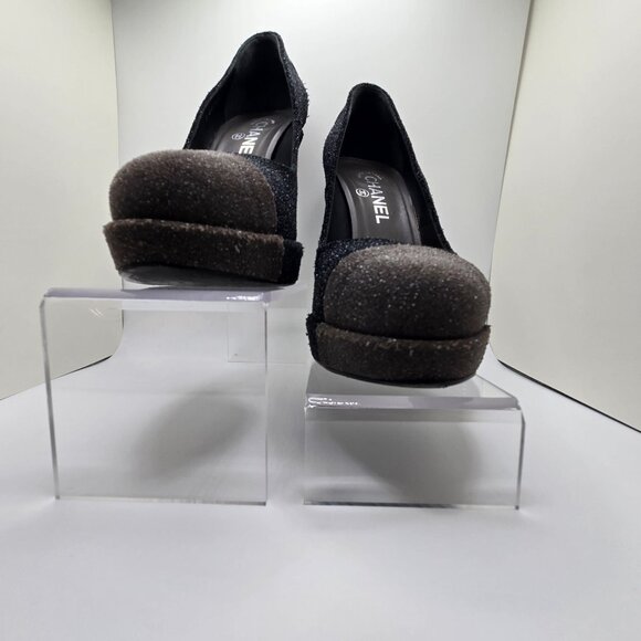 Chanel Platform Platform Pumps Sparkly Pebbled Texture Cap Toe Black/Grey 40 - Picture 10 of 16